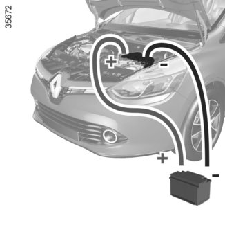 BATTERI: Starthjælp (2/2) Starthjælp med batteri fra en anden vogn Hvis du skal bruge batteriet fra en anden bil til at starte skal du først få fat i passende startkabler (kraftig tykkelse) hos en