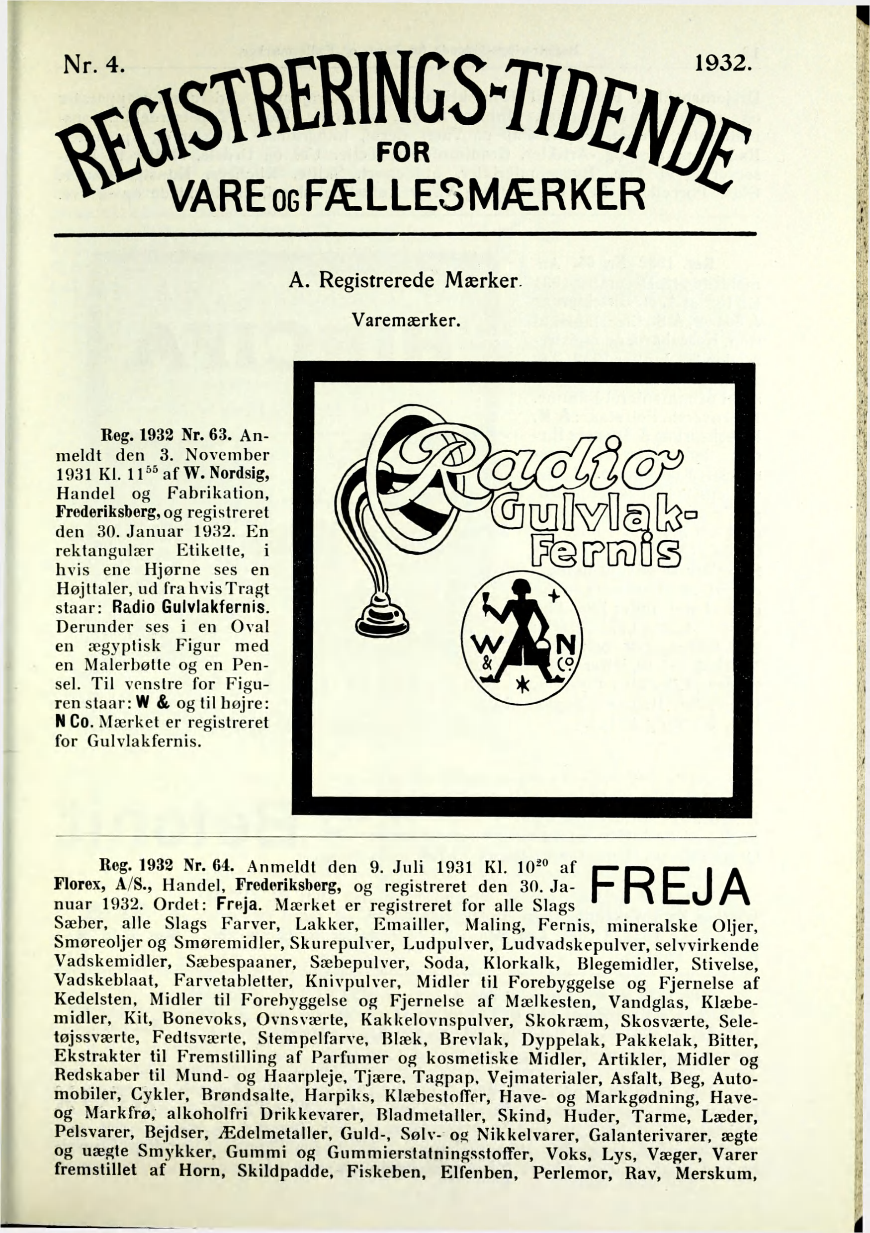 ^ VAREOGFÆLLESMÆRKER ^ A. Registrerede Mærker. Varemærker. Reg. 1932 Nr. 63. Anmeldt den 3. November 1931 Kl. 11^^ af W. Nordsig, Handel og Fabrikation, Frederiksberg, og registreret den 30.