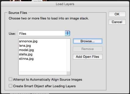 Filer I Photoshop gik jeg under Files- Scripts-Load files into stack.