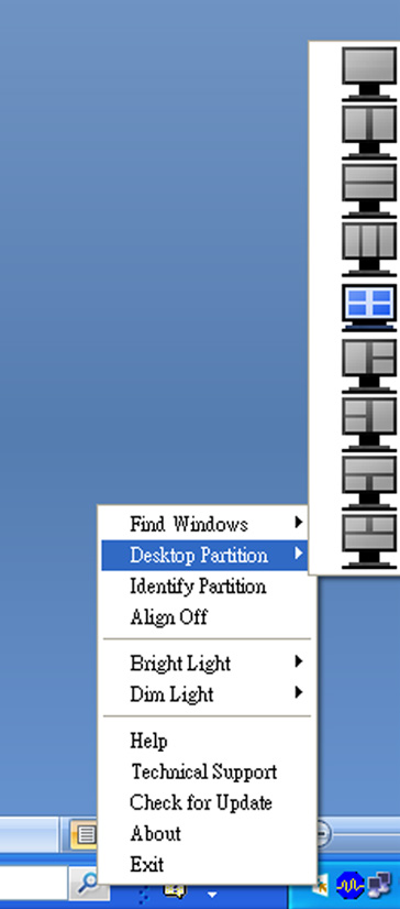 Exit (Afslut) Lukker Desktop Partition (Deling af skrivebordet) og Display Tune (Indstil Display). Du kan genstarte Display Tune (Indstil Display) fra startmenuen eller via genvejen på skrivebordet.