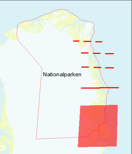 Tegning af områderne af interesse for turismeudvikling i Nationalparken. Området syd for 75 o N (angivet ved rød linje) vil være det vigtigste mht. til landbaseret turisme. Mht.