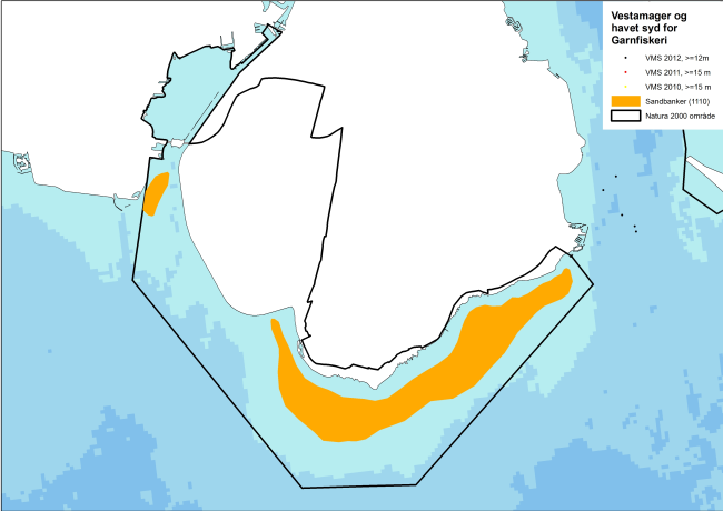 Kort med GPS-visning af fiskeriaktiviteten med garn. Området er beliggende kystnært, hvor det er foruden danske fiskefartøjer, også er tilladt for svenske og tyske fiskefartøjer at udøve fiskeri.