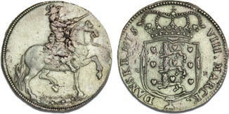 Haunstrup, 691, små urenheder i blanketten - pænt eksemplar af varianten med "græsbund" under ryttermotivet 470 3,500 67 VF-F 1+-1 8 mark / 2 krone 1675, H