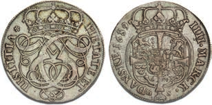 74 VF 1+ 4 mark / krone 1689, H 82, S 2, Aagaard 46, ex.