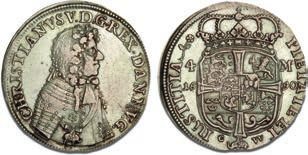 rester af møntskær 940 7,000 79 VF 1+ 4 mark / krone 1690, H 90B, S 10, Aagaard 51,