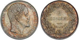 ganske nyt at anføre kongens titel på dansk 805 6,000 175 Unc-EF 0-01 Skilling 1856, prøvemønt med krone, H 16A, S 6 - eksemplar på tynd