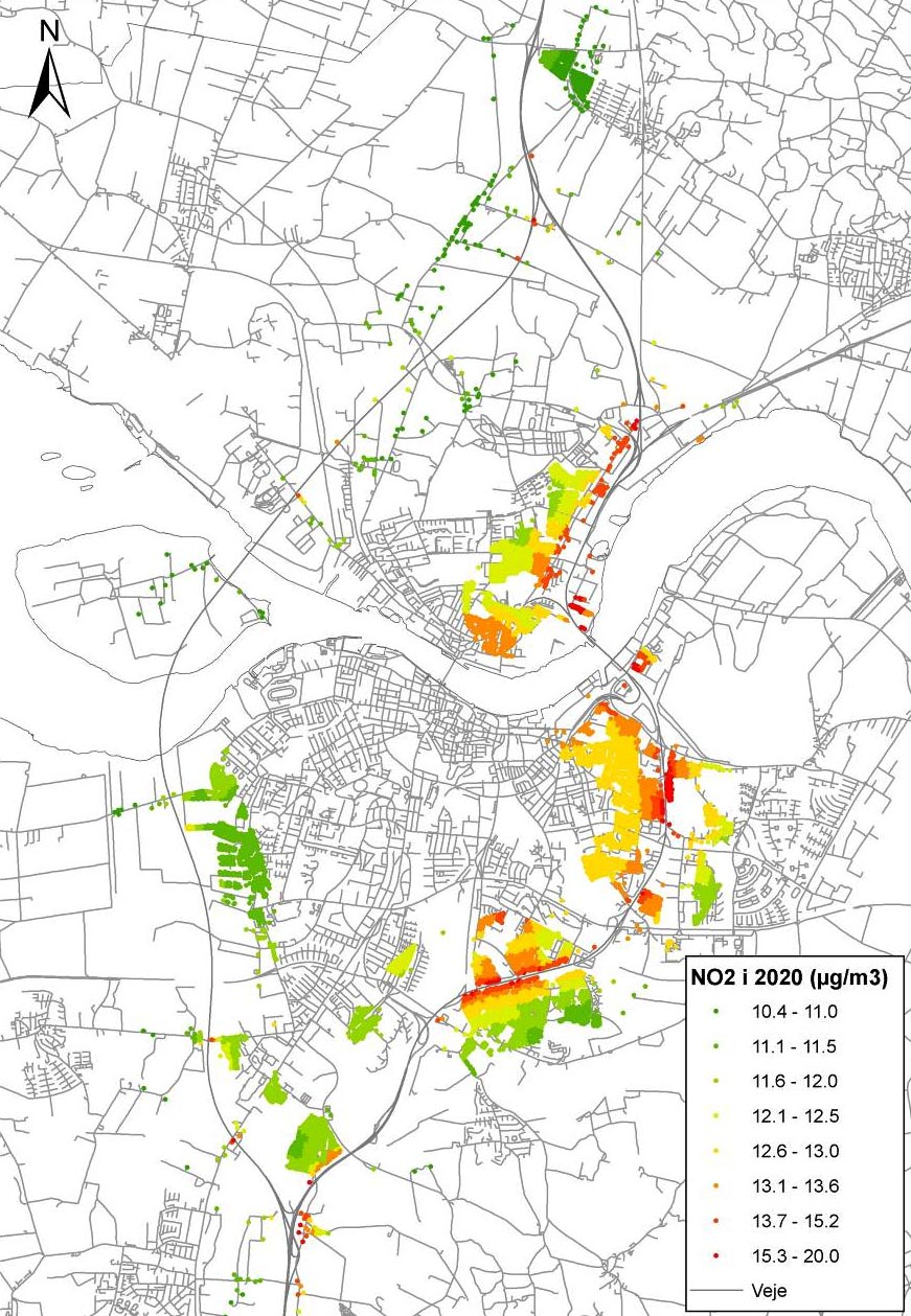 )LJXU Årsmiddelkoncentrationen af NO 2 i 2020 med Egholmforbindelsen på alle boligadresser i en afstand af 1.000 m fra motorvejen. PM 2.