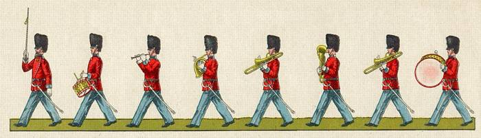 Musikere (trompet, trækbasun og tuba) fra Gardehusarregimentets musikkorps, ca. 1912 2). Fra Udklipsarket Danske Billeder Nr.
