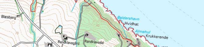 Randkløve Skår betegner også turistlokaliteten nedenfor Randkløvegård, langs kysten løber desuden en del af Kyststien, der når hele øen rundt. Figur 1.1.: Habitatområde 213: Randkløve Skår.