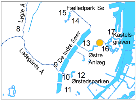 16. Østre Anlæg, overløbskant Stemmeværket ved afløbet fra Søen i Østre Anlæg er bestemmende for vandspejlet i søen.