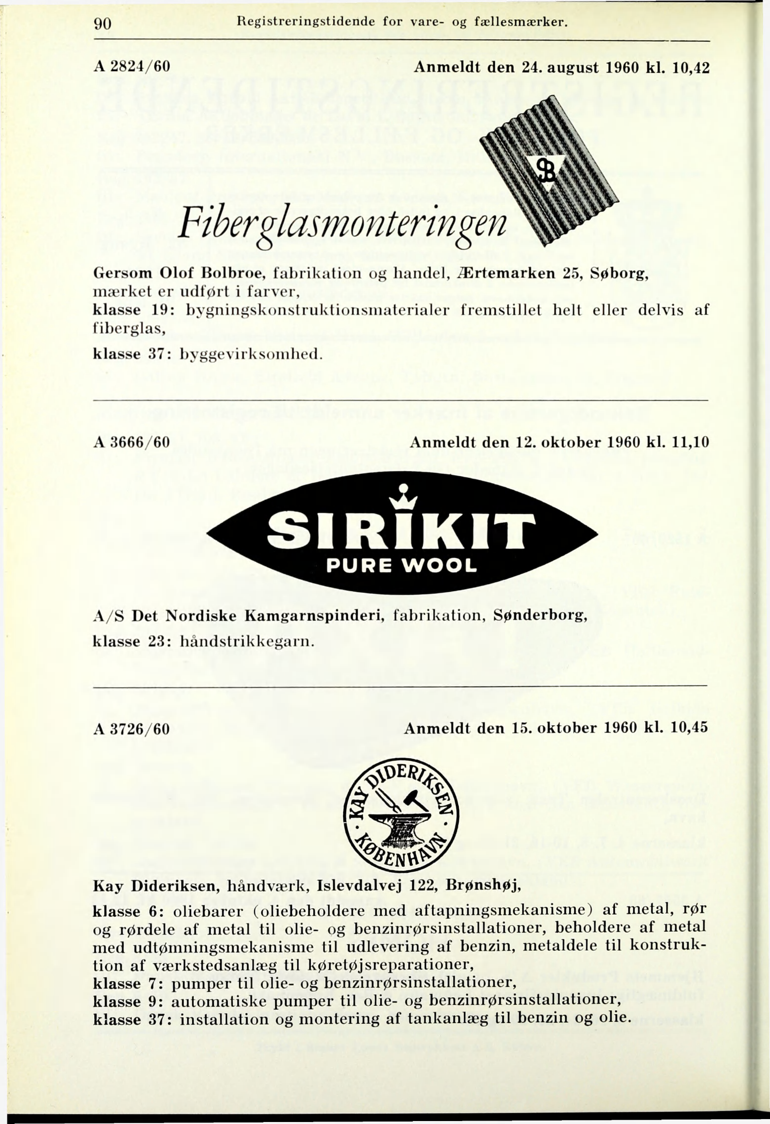 90 Registreringstidende for vare- og fællesmærker. A 2824/60 Anmeldt den 24. august 1960 kl.