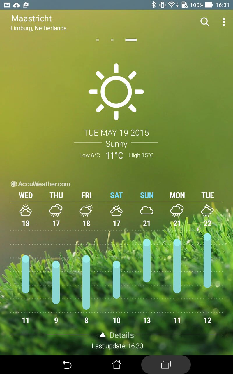 Vejret og klokkeslæt Vejret Modtag opdateringer i realtid, direkte fra din ASUS-tablet vha. vejr-appen. Med vejr-appen kan du også se andre vejrudsigter fra hele verden.
