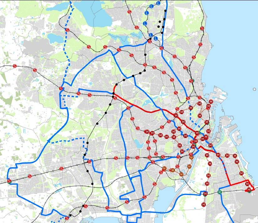 Eksempel på sammenhængende +Way-net i hovedstadsområdet +Way-strækninger Delstrækninger uden +Way Letbane i Ring 3 5A Metro Jernbane Linje 1A kobler Hvidovre, Vigerslev og den sydlige del af Valby op