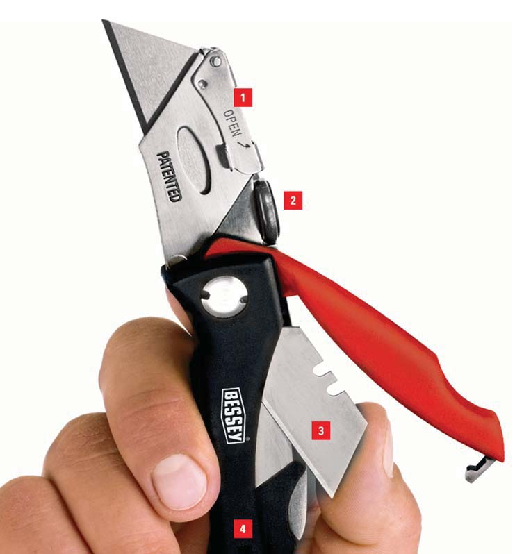 Hobbyknive og multitool Knivskarpe snit Fordele: 1 Klingeskift Greb til fastlåsning af klingen. Denne mekanisme muliggør en hurtig og enkel udskiftning af klingen.