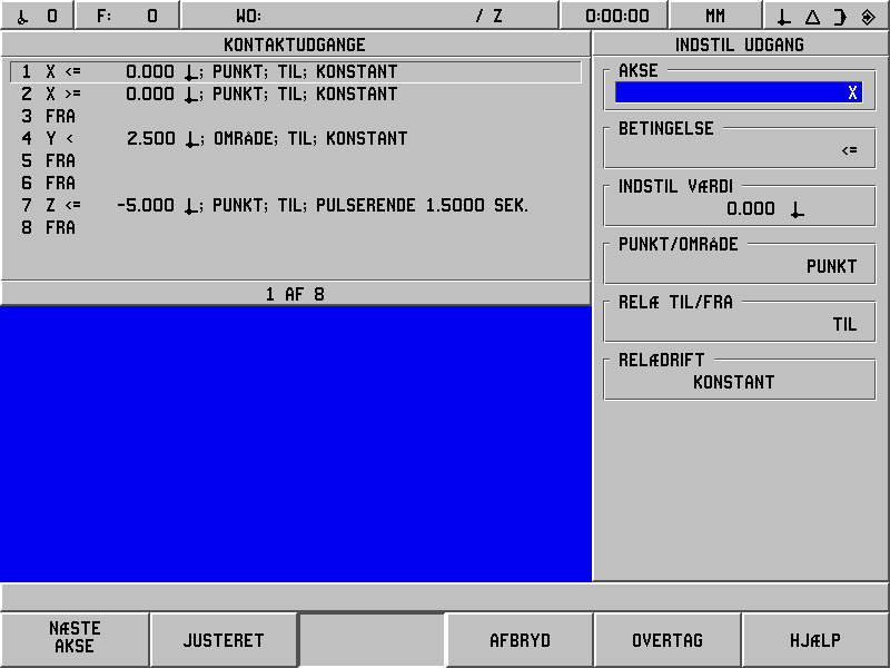 AMI (Hjælpemaskinegrænseflade)(X51) (valgfri) Hvis IOB 89-valgboksen sluttes til POSITIP 880, vil skærmbilledet KONTAKTUDGANGE være tilgængeligt fra installationsindstillingslisten.