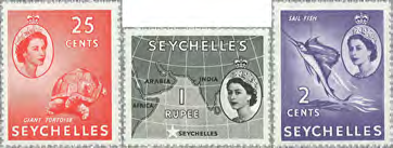- I 1961 blev 100-året for oprettelsem af Seychellernes første posthus markeret med udgivelse af en særserie med 3 mærker. Morivet viser dronning Elizabeth 2. Samt et blå 6 d.