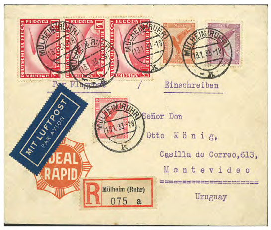 I henhold til ankomststempel på brevets bagside er det ankommet til Montevideo 10 dage senere den 23.1.1933. Der findes ingen stempler på brevet, der angiver dettes befordringsrute.