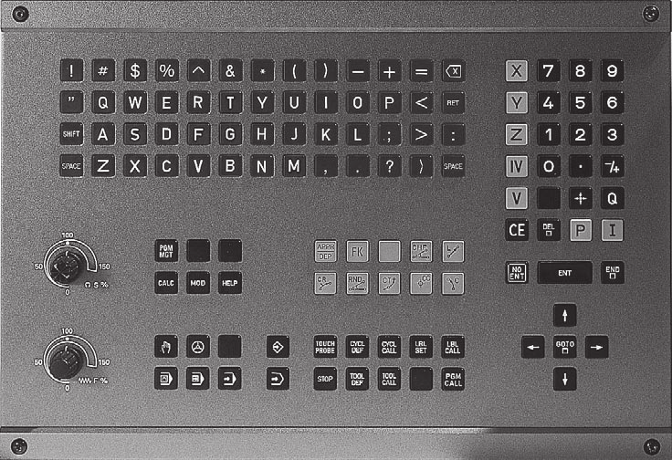 Betjeningsfelt Billedet til højre viser tasterne på betjeningsfeltet, grupperet efter deres funktion: Alfa-tastatur for indlæsning af tekst, filnavne og DIN/ISO-programmeringer Fil-styring,