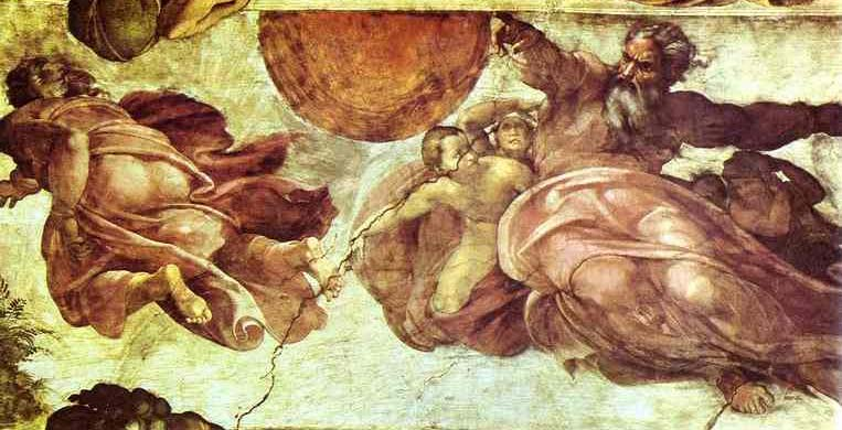 1. GUDS SKABEN - Gud skaber Solen og Månen for 6000 år siden. Malet af Michelangelo omkring 1510 i Vatikanets Sixtinske Kapel.