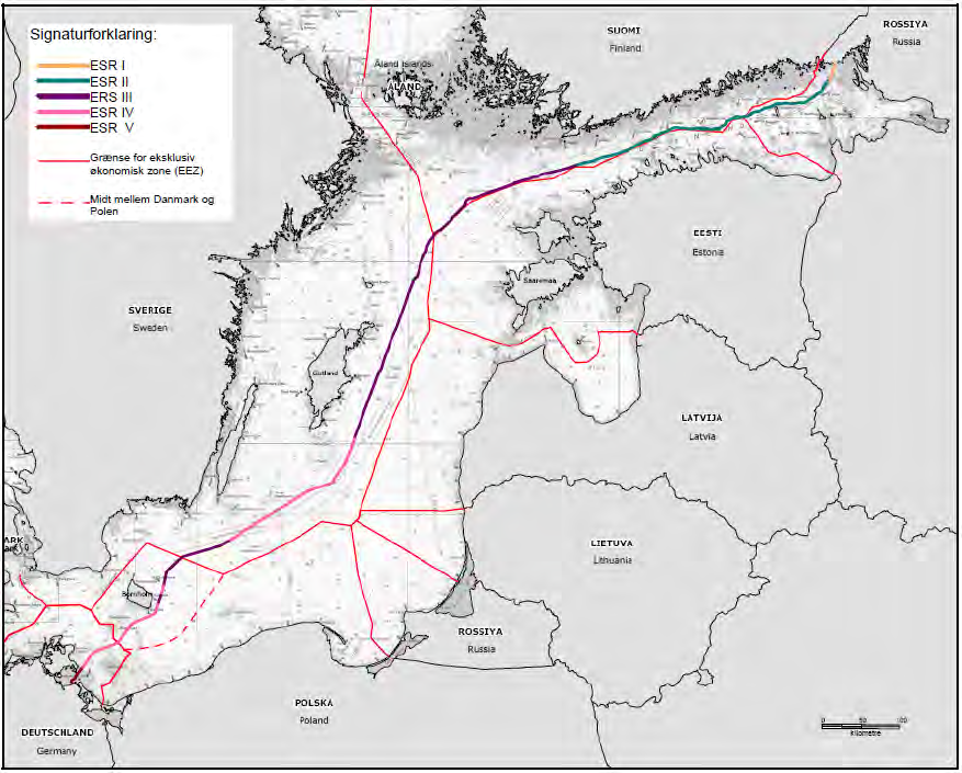 1551 Figur 11.1 Nord Stream-projektet afbilledet med de eksklusive økonomiske zoner (EØZ) tilhørende PoO- og OAP-lande og en buffer på 10 km på hver side af rørledningerne 11.