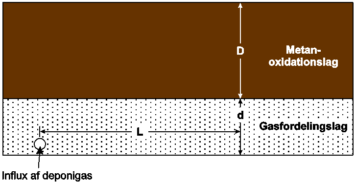 Figur 3.5 Skitse der viser transportveje i gasfordelings- og metanoxidationslaget (efter Gebert & Gröngröft (2012).