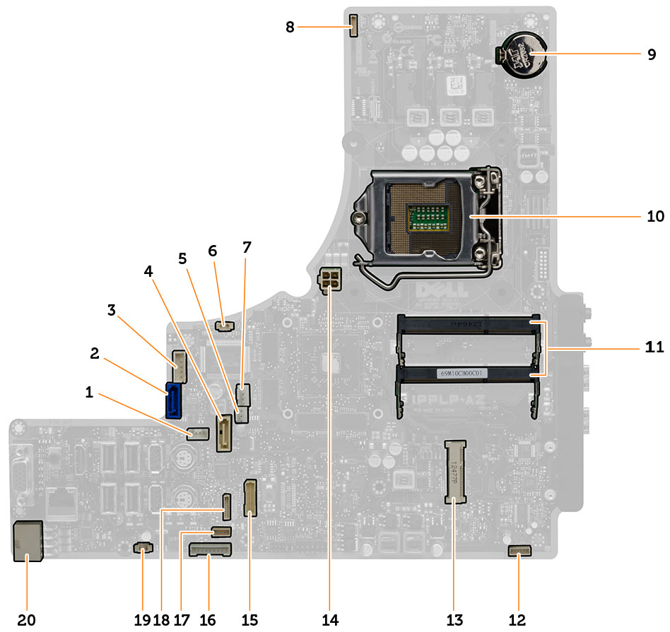 1. SATA ODD-strømstik 2. SATA-harddiskens stik 3. SATA-harddiskens strømstik 4. SATA ODD-stik 5. stik til blæseren til grafikkortets kølelegeme 6. indtrængningskontaktens stik 7.