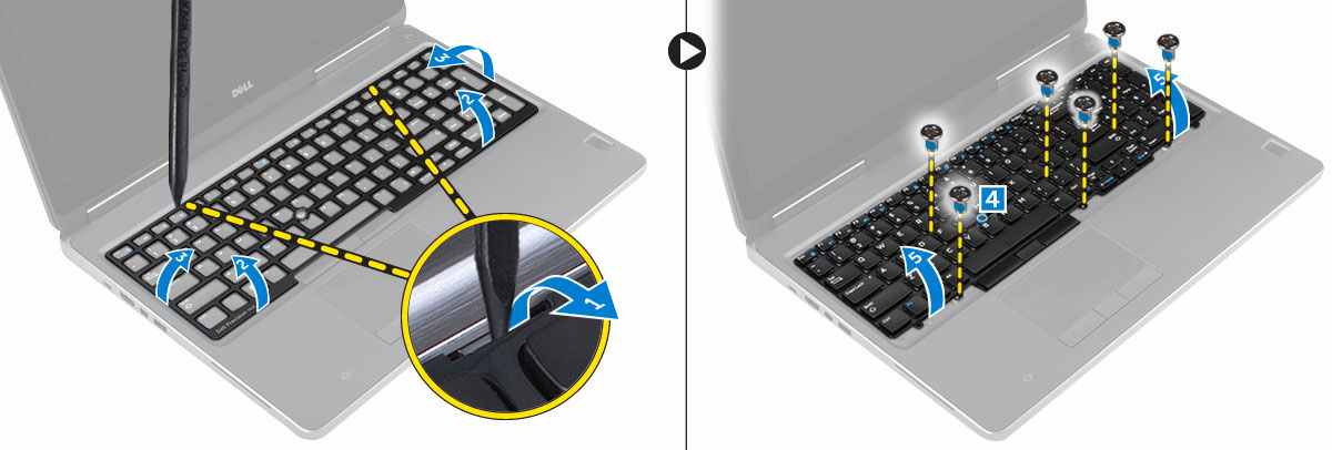 Stram skruerne for at fastgøre tastaturet til computeren. 3. Skub tastaturrammen ind forfra og ret den ind på dens plads i computeren. Sørg for, at tastaturrammen klikker på plads. 4.