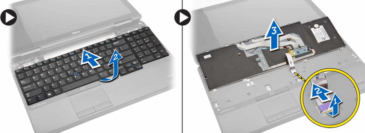 Sådan installeres tastaturet 1. Tilslut tastaturkablet til tastaturet. 2. Skub tastaturet ind i på dets plads, indtil alle metaltapper passer ind i deres pladser. 3.