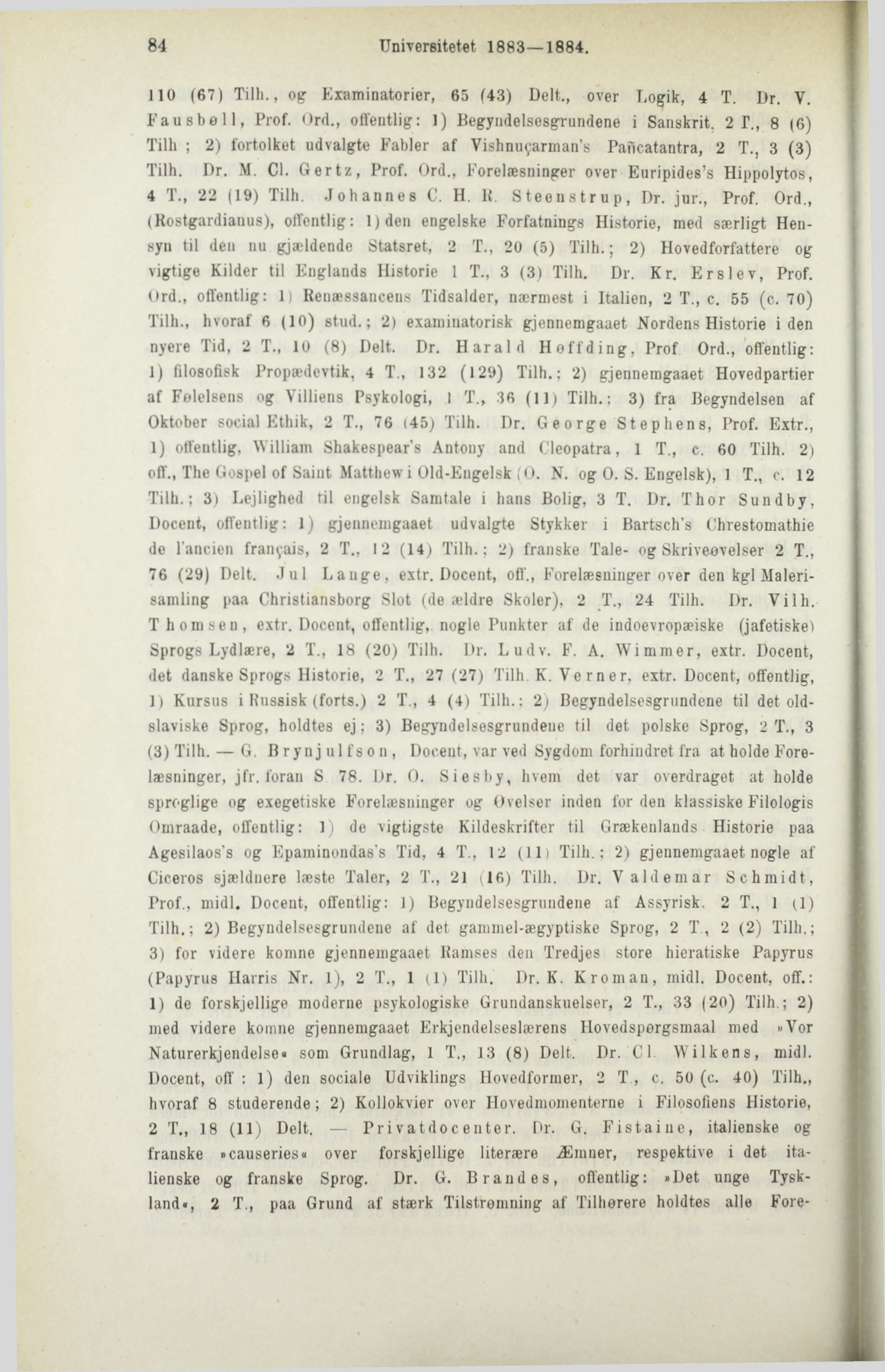 84 Universitetet 1883 1884. 110 (67) Tilh., og Examinatorier, 65 (43) Delt., over Logik, 4 T. Dr. V. Fausbell, Prof. Ord., offentlig: 1) begyndelsesgrundene i Sanskrit. 2 T.