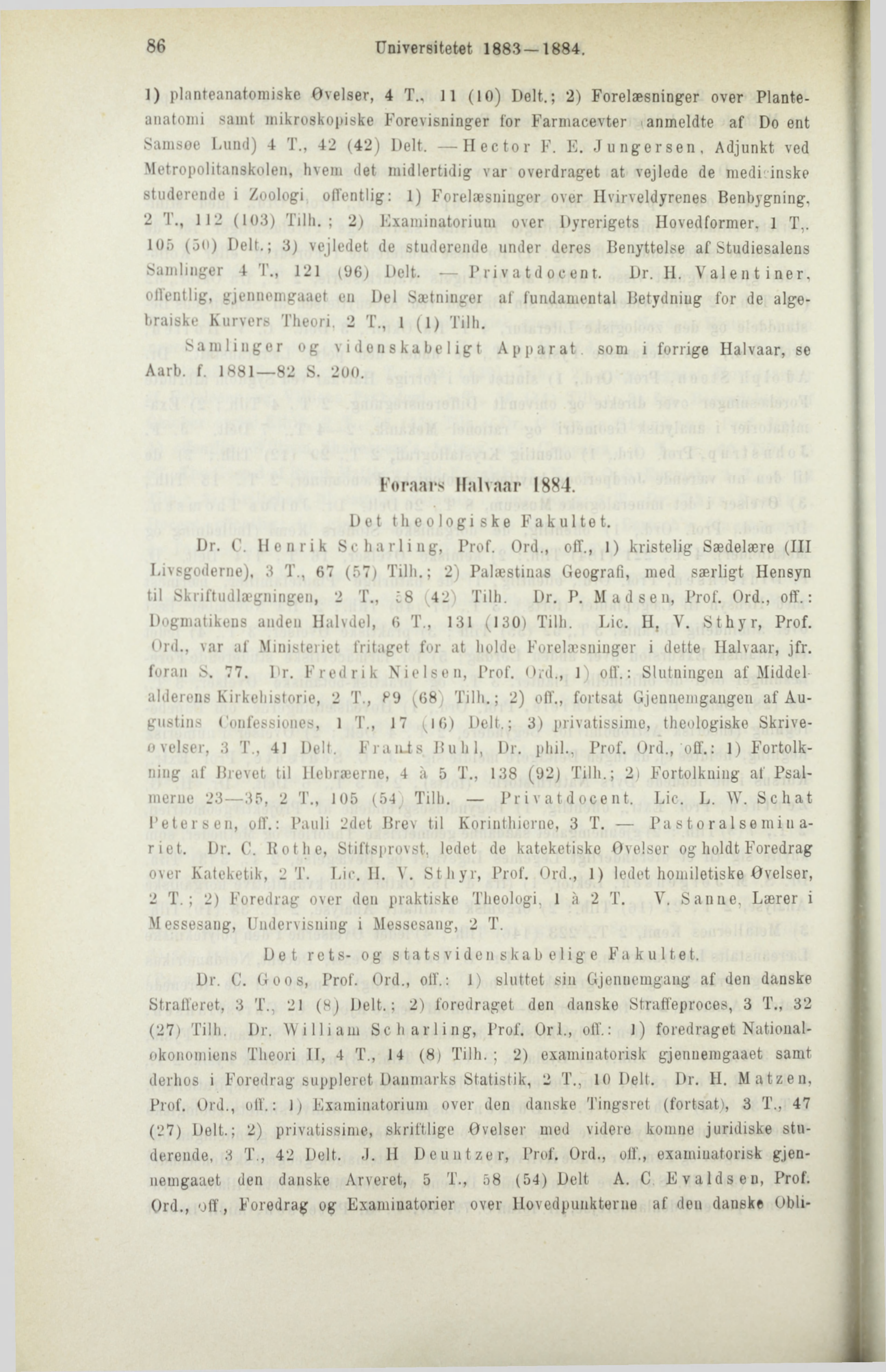 86 Universitetet 1883 1884. 1) planteanatomiske Øvelser, 4 T., 11 (10) Delt.