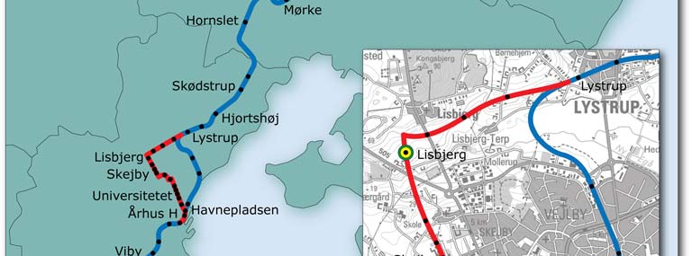 Randersvej, via Skejby Sygehus og videre i eget tracé til Lisbjerg byudviklingsområde.