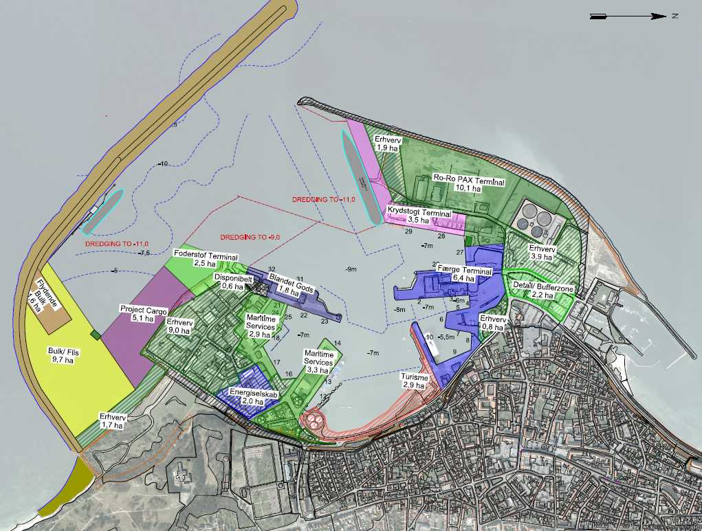 Figur 1.3 Anvendelse af havnens arealer i 2050. 1.2 Alternative muligheder for placering af havneudvidelsen Rønne Havn vurderes at være den eneste havn på Bornholm, hvor det er relevant at udvide erhvervshavnen.