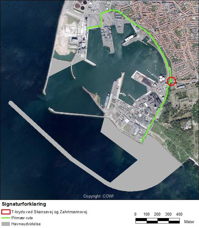 1.4.3 Trafik Udvidelsen af Rønne Havn vil medføre, at vejtrafikken i havneområdet forøges. De primære ruter for vejtrafikken til og fra havneområdet fremgår af Figur 1.25.