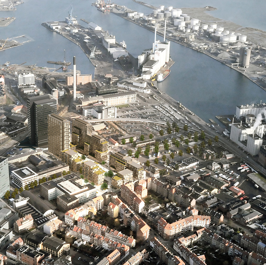 KULBROEN & FREDERIKS PLADS Skråfoto af byudviklingsområde Sydhavnskvarteret i dag set fra sydvest/