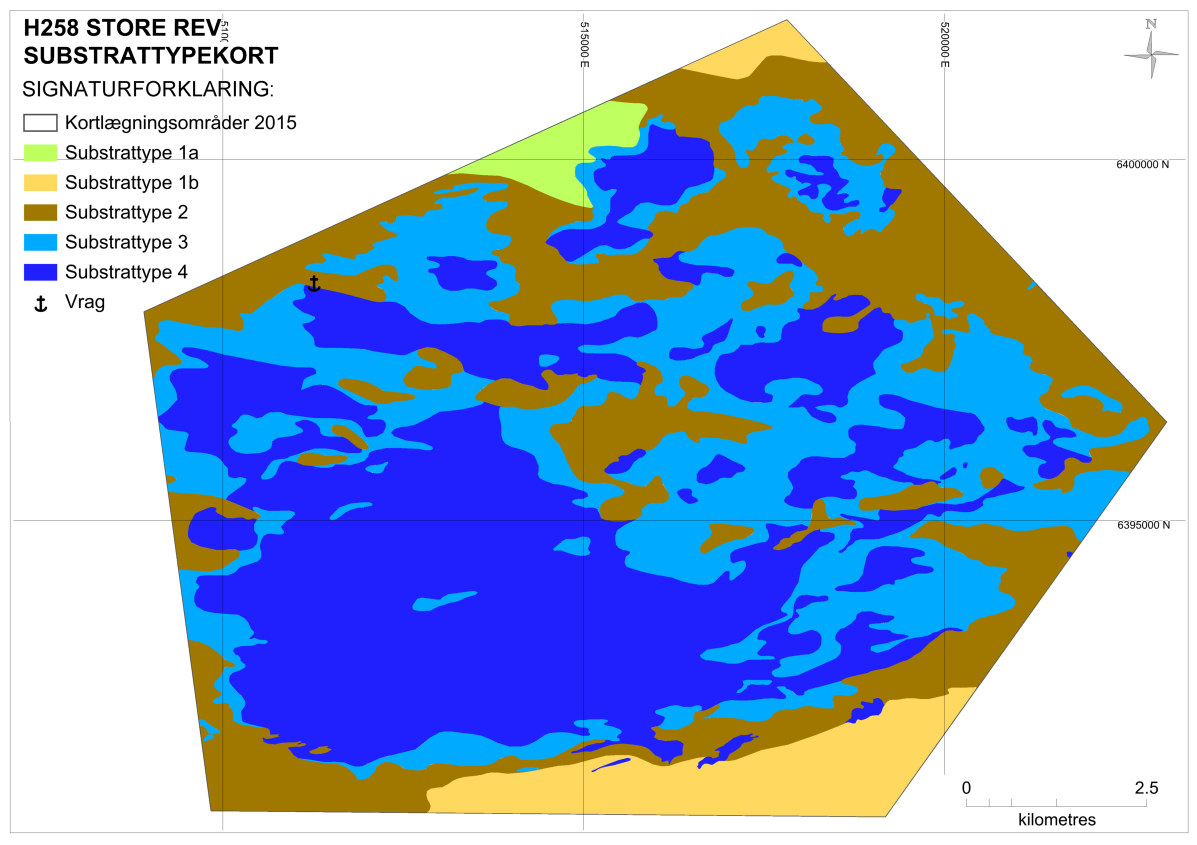 FIGUR 5-24 SUBSTRATTYPEKORT FOR HABITATOMRÅDE NR. 258 STORE REV. SE BILAG A4 - H258. 5.4.3 EU Habitatdirektivets naturtyper Området er domineret af Rev (1170) i de områder, hvor moræneaflejringerne er på eller tæt på havbunden ( Figur 5-25).