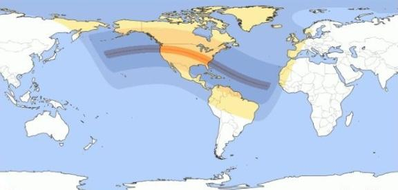 Den partielle del af formørkelsen er synlig i hele Nordamerika, Grønland, en del af Vesteuropa samt den nordvestlige del af Jylland. I resten af Danmark går Solen ned, inden formørkelsen begynder.