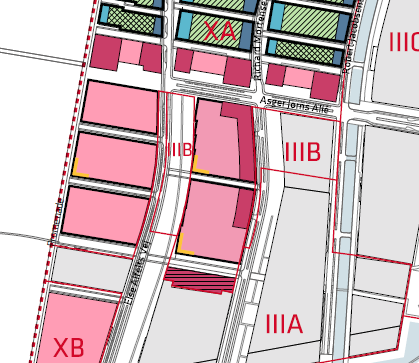 Vestligste byggefelt nord for Asger Jorns Allé gøres større. horisontalt fra tilstødende bygninger/facader med 1 til 6 m.