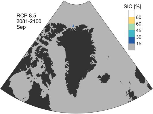 Figur 13. Gennemsnitlig september havisudbredelse i % baseret på klimamodeller i CMIP5. Der er lavet en middelværdi over i alt 29 modeller.