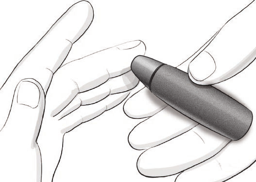 Tryk fingerprikkeren fast mod indstiksstedet, og tryk på udløserknappen. 3. Hold teststrimlen med den grå, firkantede ende pegende mod apparatet. 2.