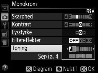 A Filtereffekter (kun Monokrom) Indstillingerne i denne menu simulerer effekten af farvefiltre på monokrome billeder.