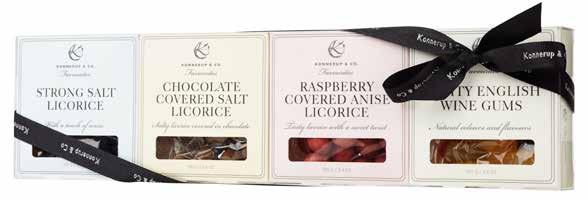 Licorice overload! Strong licorice with milk chocolate coating and sweet licorice with white chocolate and raspberry.