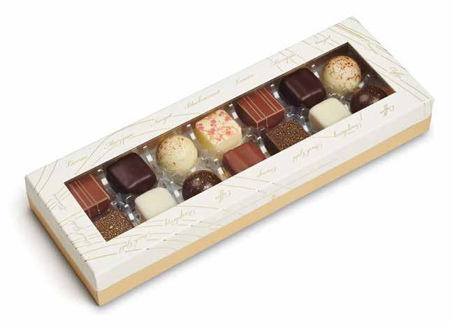 Among these are dark hazelnut nougat, black currant, pure Mexico ganache and assorted marzipans. Choose between 5 different sizes. Vidste du.