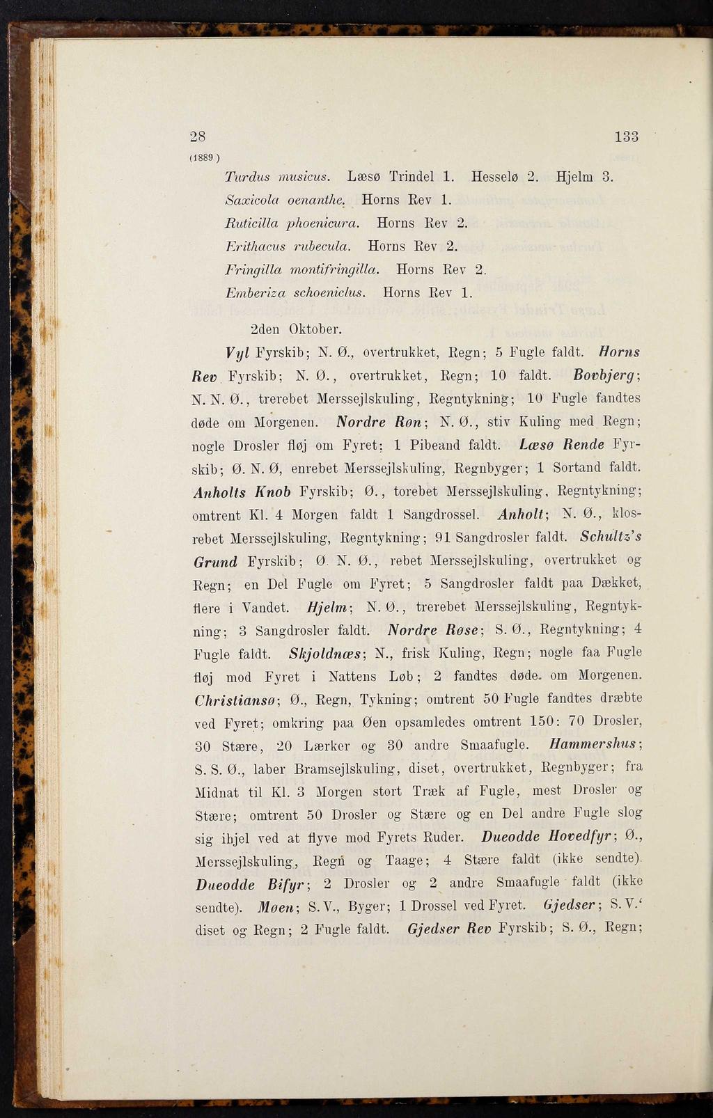(1889 ) Turdus musicus. Læsø Trindel 1. Hesselø 2. Hjelm 3. Saxicola oenanthe. Horns Rev 1. Ruticilla phoenicura. Horns Rev 2. Erithacus rubecula. Horns Rev 2. Fringilla montifrivmlla. Horns Rev 2. Emberiza schoeniclus.