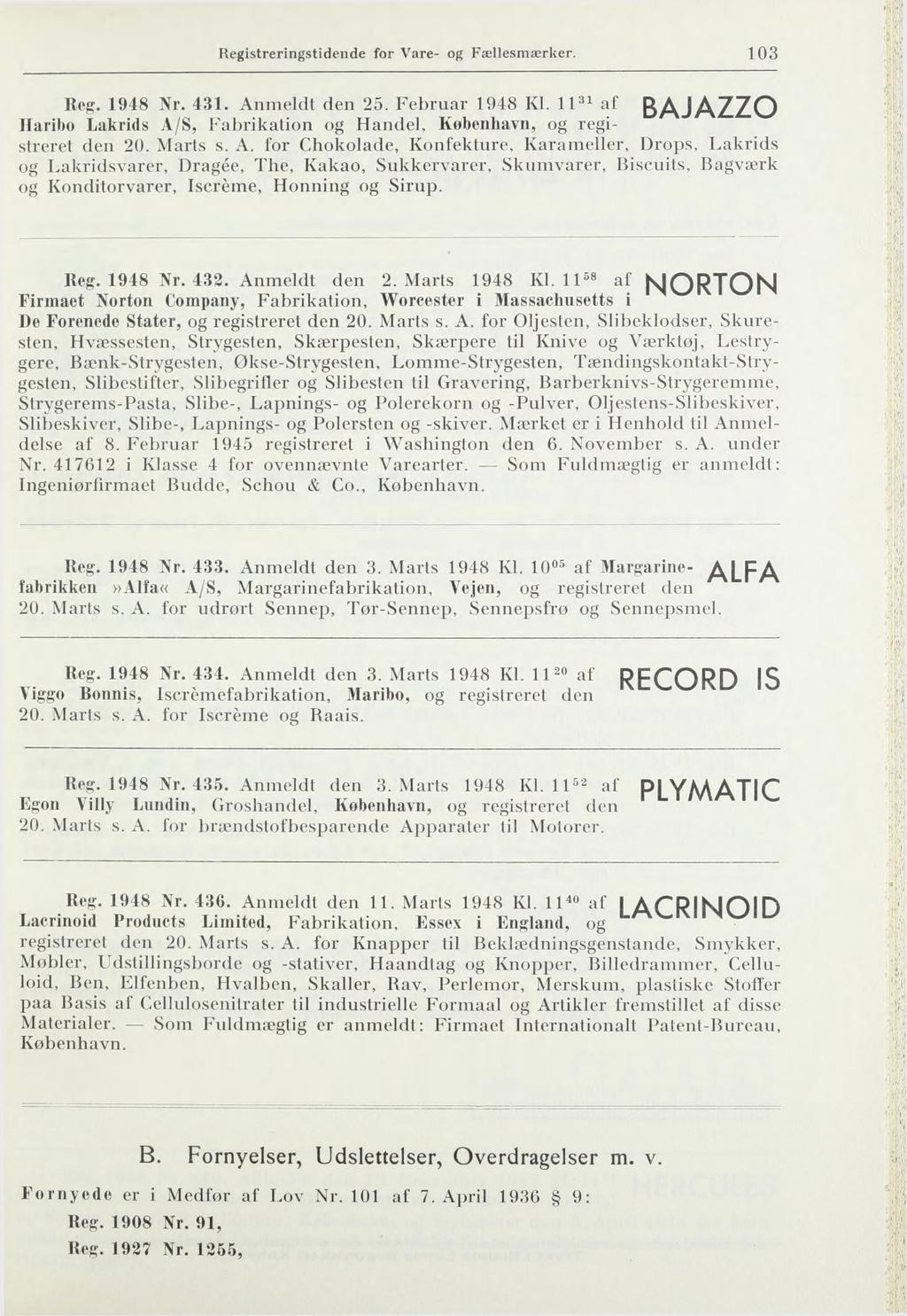 Registreringstidende for Vare- og Fællesmærker. 103 bajazzo Reg. 1948 Nr. 431. Anmeldt den 25. Februar 1948 Kl. 11^^ af Haribo Lakrids A/S, fabrikation og Handel, København, og registreret den 20.