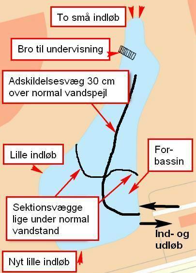 Figur 3: Værebro Sø med angivelse af tilløb og afløb og den nye