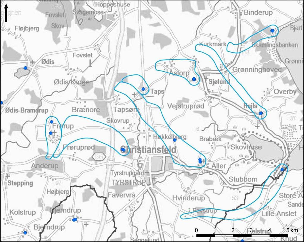 Figur 6.1 Indvindingsoplande for vandværkerne i Christiansfeld Kortlægningsområde.
