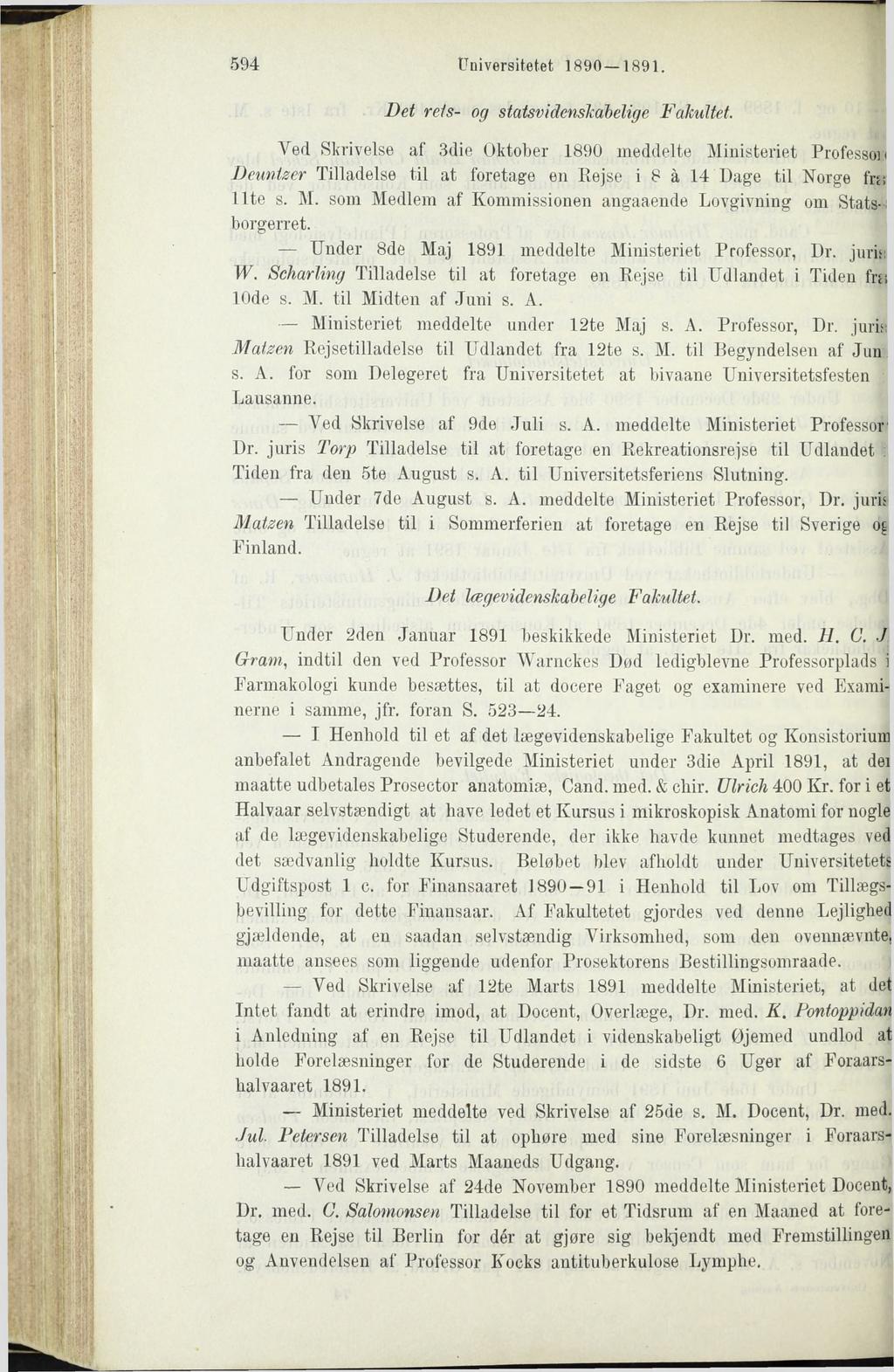 594 Universitetet 1890 1891. Det reis- og statsvidenskabelige Fakultet.