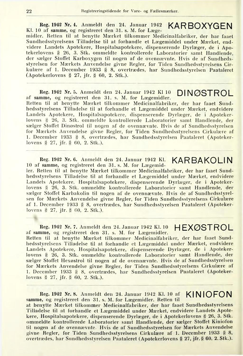 22 Hegistreringstidende for Vare- og Fællesmærker. KARBOXYGEN Reg. 1942 Nr. 4. Anmeldt den 24. Januar 1942 Kl. 10 af samme, og registreret den 81. s. M. for Lægemidler.