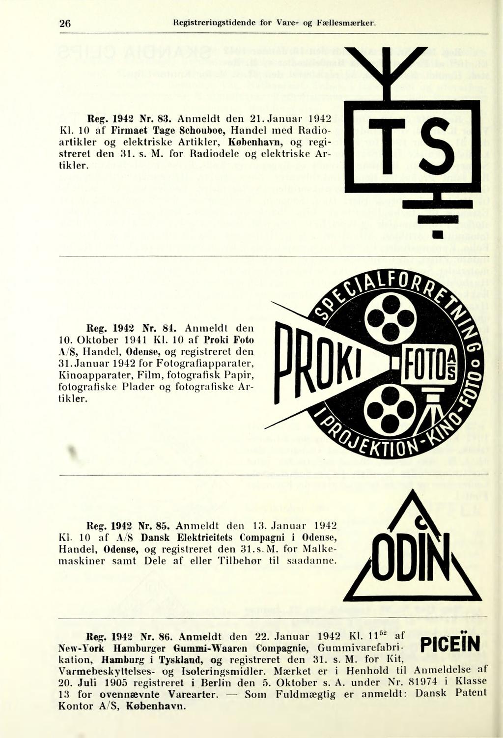 26 Registreringstidende for Vare- og Fællesmærker. Reg. 1942 Nr. 83. Anmeldt den 21. Januar 1942 Kl.