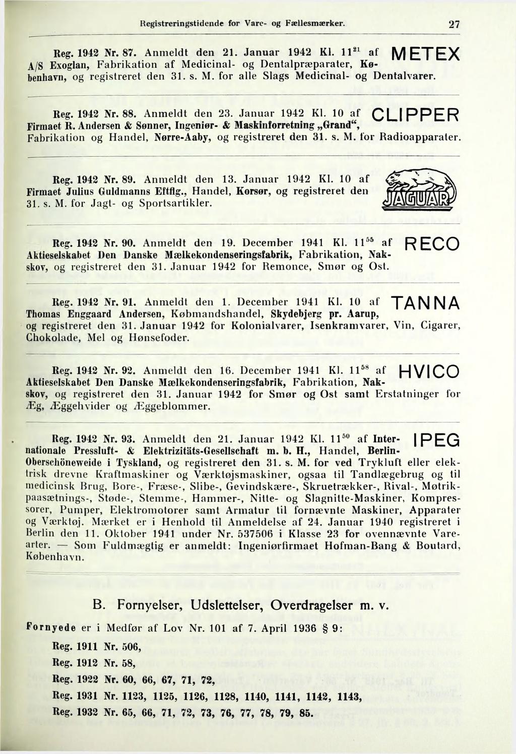 Registreringstidende for Vare- og Fællesmærker. 27 Reg. 1942 Nr. 87. Anmeldt den 21.